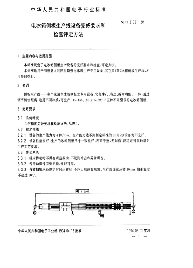 [电子标准]-SJT 31351-1994 电冰箱侧板生产线设备完好要求和检查评定方法.pdf_第1页