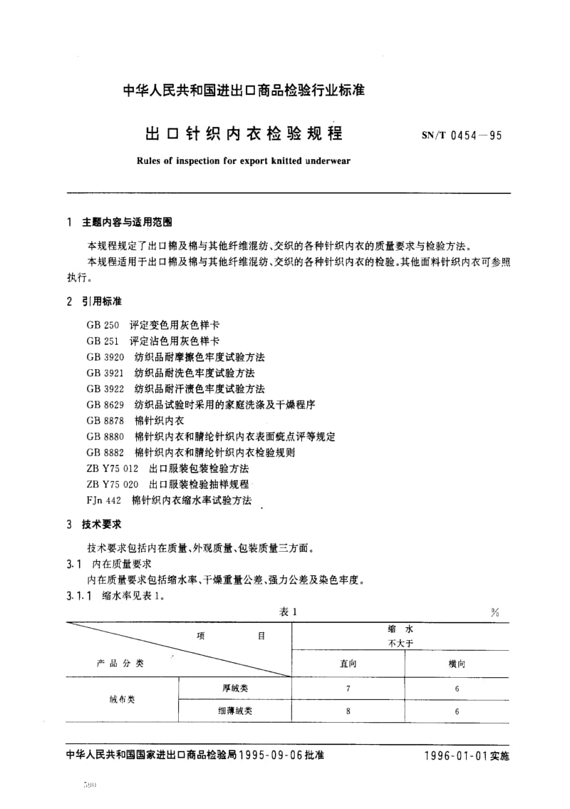 [商检标准]-SNT 0454-1995 出口针织内衣检验规程1.pdf_第1页