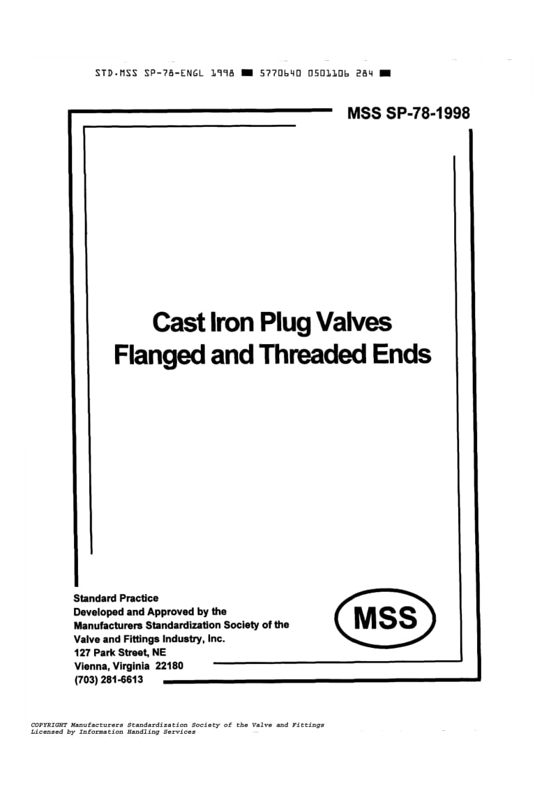 MSS SP-78-1998 法兰端和螺纹端铸铁旋塞阀.pdf_第1页