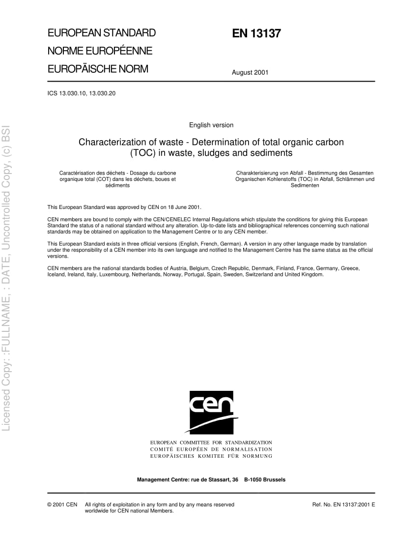 【BS英国标准】BS EN 13137-2001 Characterisation of waste. Determination of total organic carbon (TOC) in waste, sludges and sediments.pdf_第3页