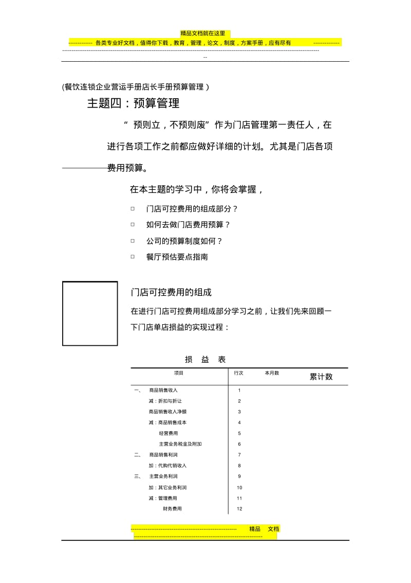 餐饮连锁企业营运手册店长手册预算管理.pdf_第1页