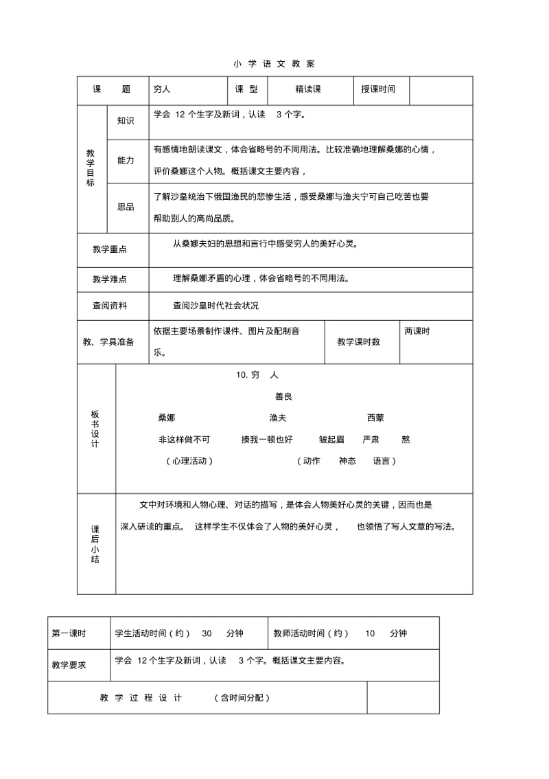 小学语文：第四单元10《穷人》教学设计1(北京版六年级下册).pdf_第1页