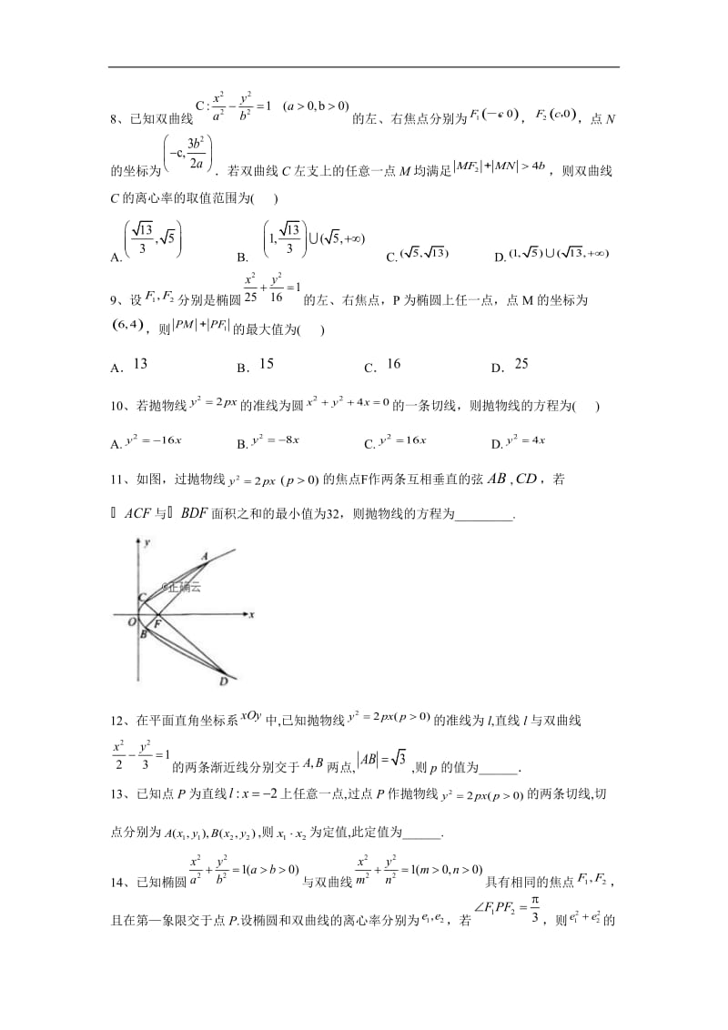 2019-2020学年高二数学（文）寒假作业：（22）圆锥曲线与方程综合测试 Word版含答案.doc_第2页
