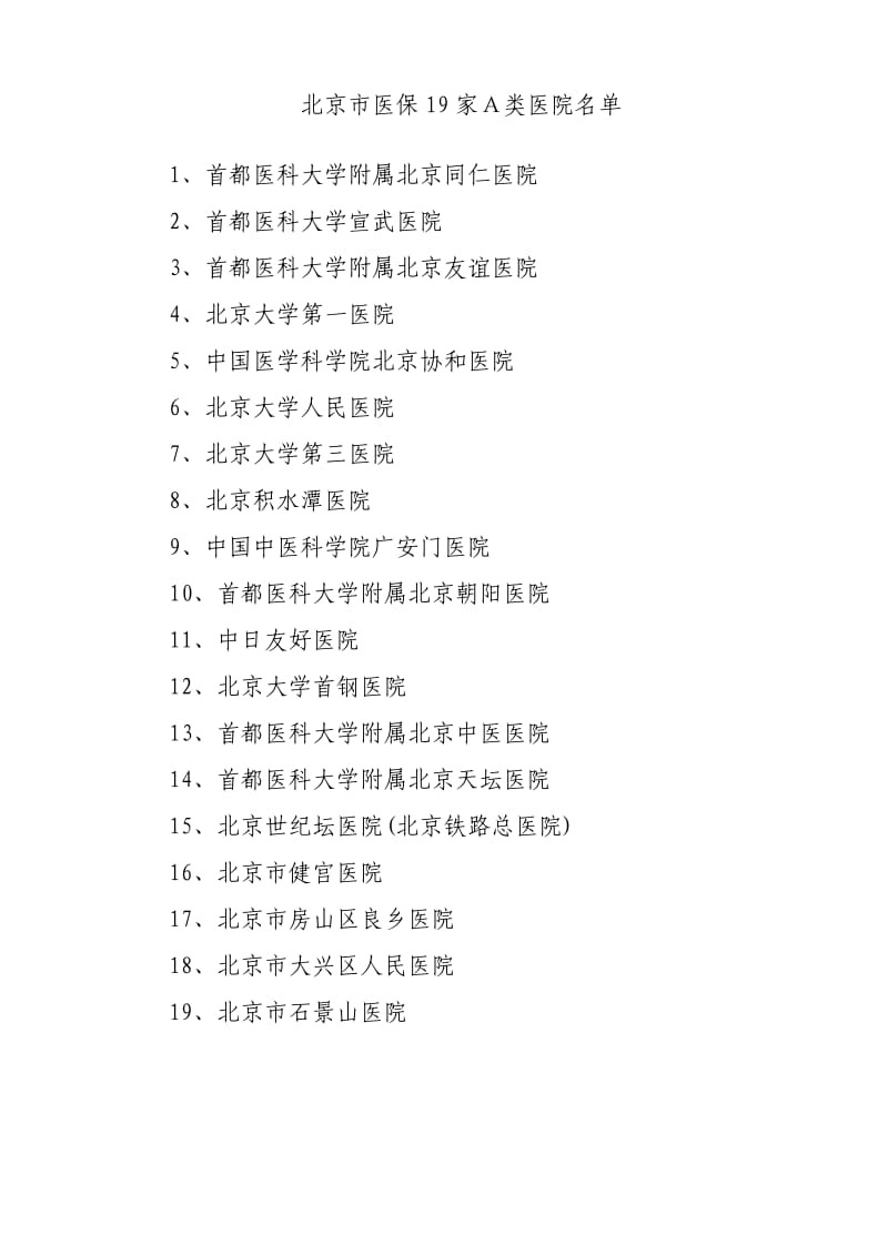 北京市医保19家A类医院、专科医院和中医医院名单;.docx_第1页