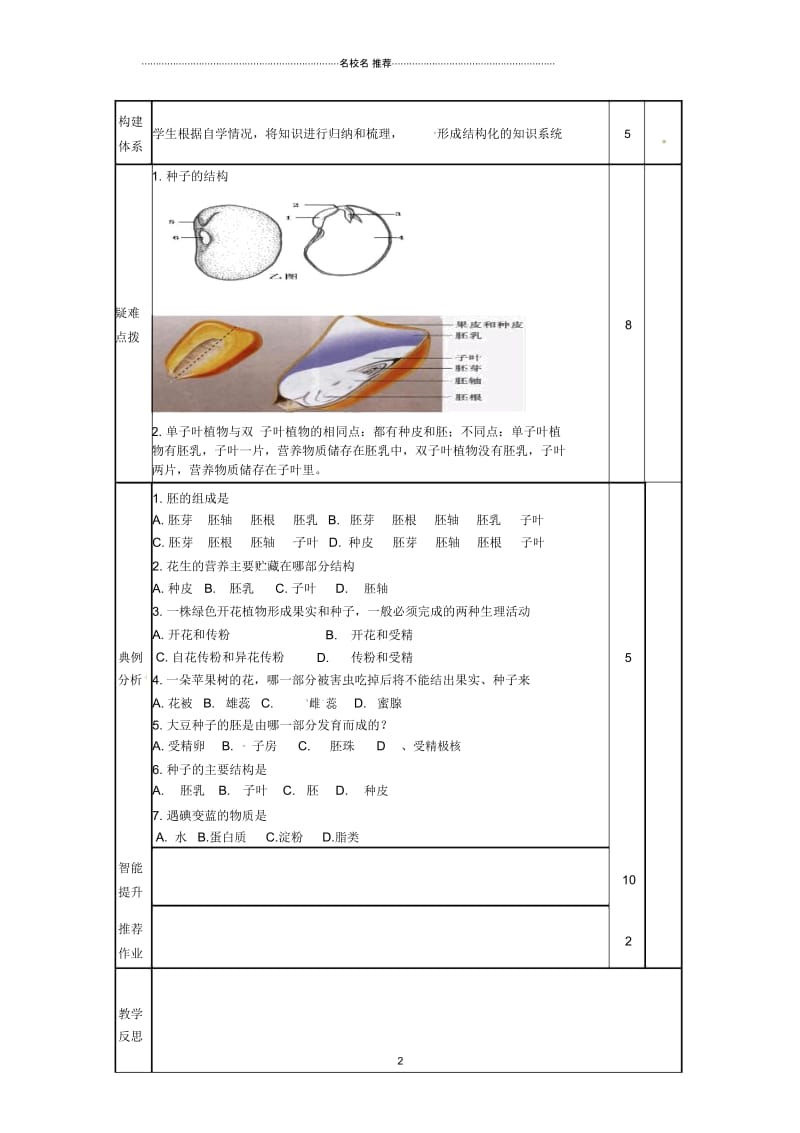 山东省邹平县实验中学初中八年级生物上册《4.1.4种子的萌发》名师精选教案2济南版.docx_第2页