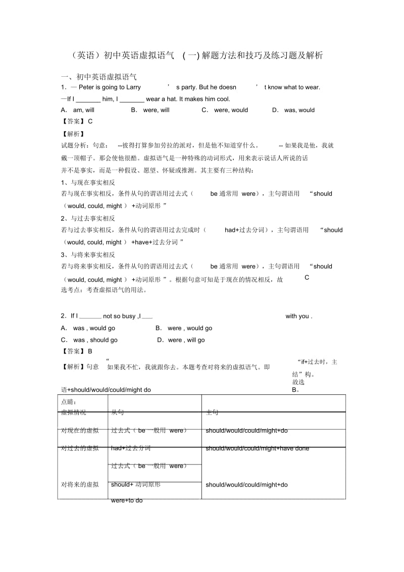 初中英语虚拟语气(一)解题方法和技巧及练习题及解析.docx_第1页