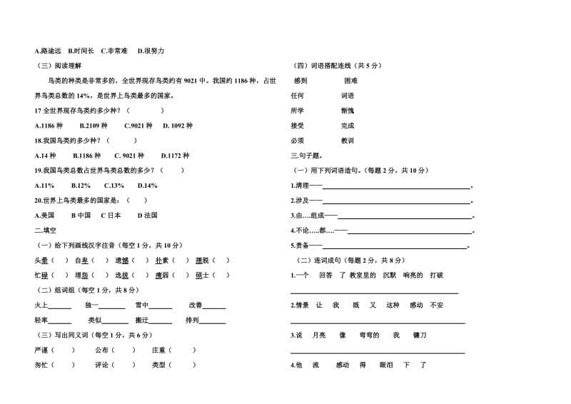 新疆初一汉语双语班汉语考试卷a.doc_第2页