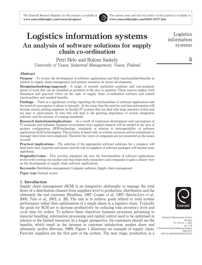 LOGISTICS INFORMATION SYSTEMS - AN ANALYSIS OF SOFTWARE SOLUTIONS FOR SUPPLY CHAIN CO-ORDINATION.pdf_第1页