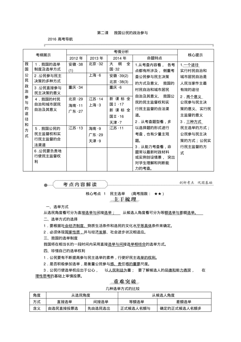 2016届高三政治大一轮复习必修2第1单元第2课我国公民的政治参与教学讲义.pdf_第1页