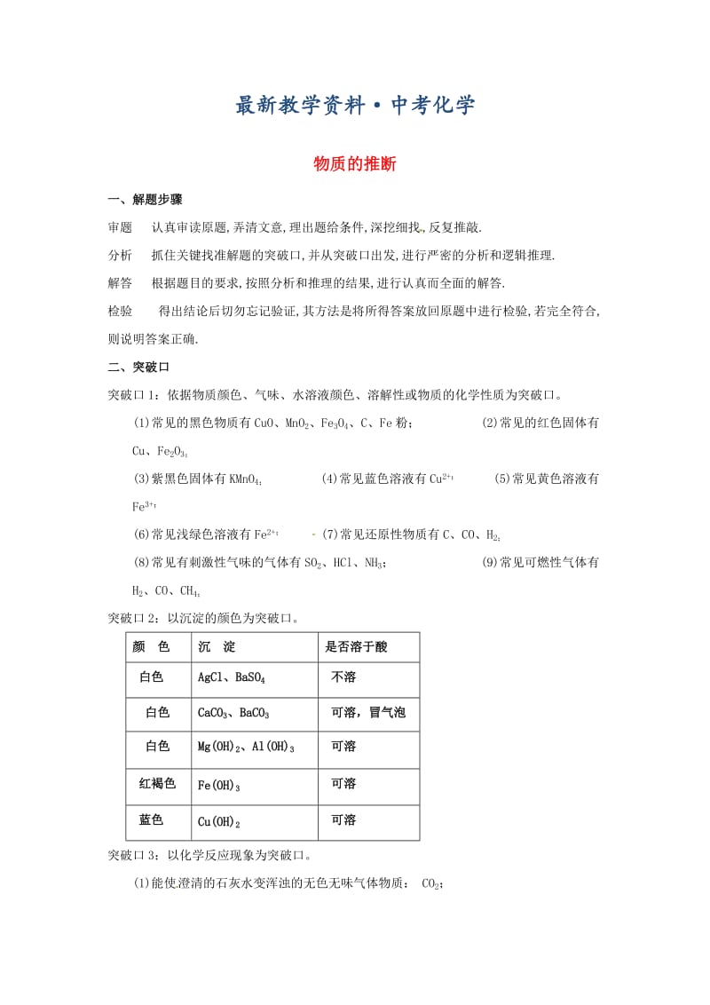 [最新]河北省沧州市中考化学第二轮知识点复习 物质的推断.doc_第1页