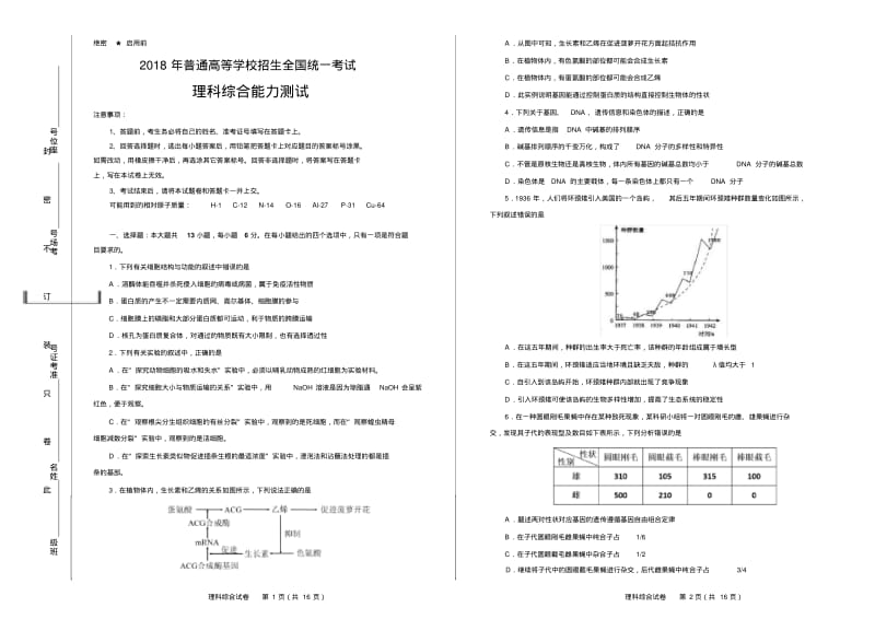 2019年高考押题卷理综(一)学生版.pdf_第1页