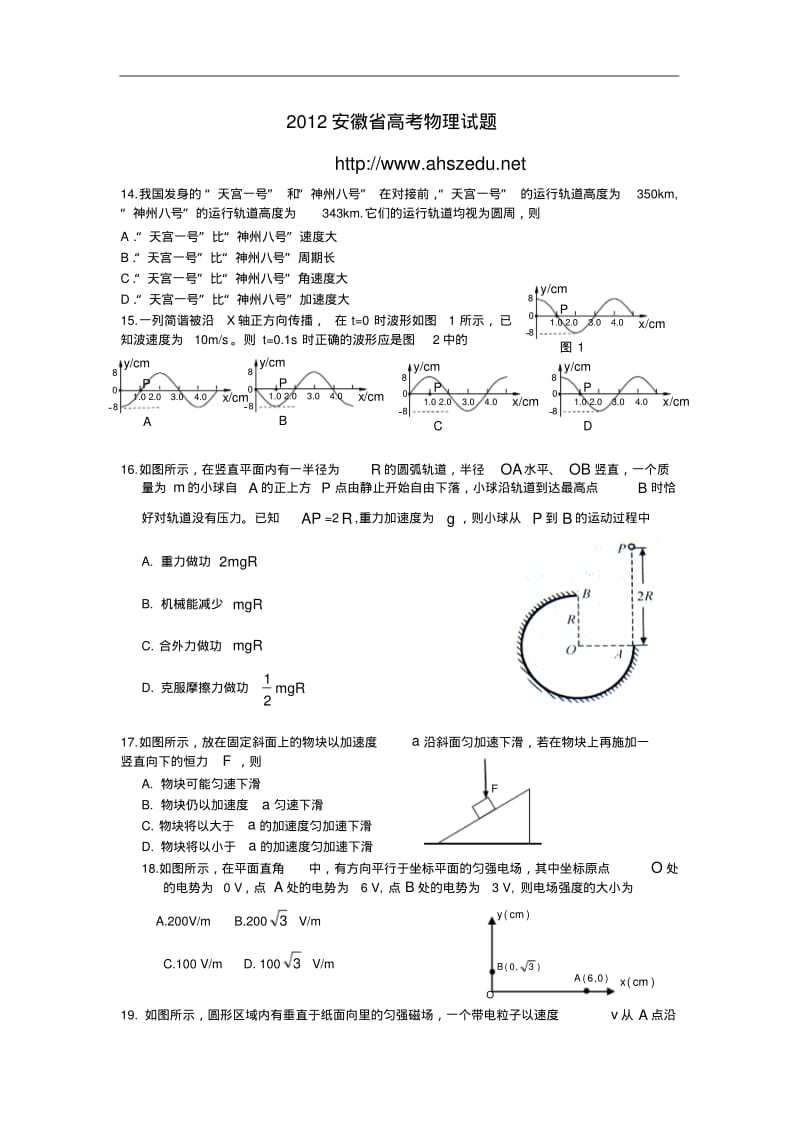 2012年安徽高考理综试题物理部分及答案.pdf_第1页