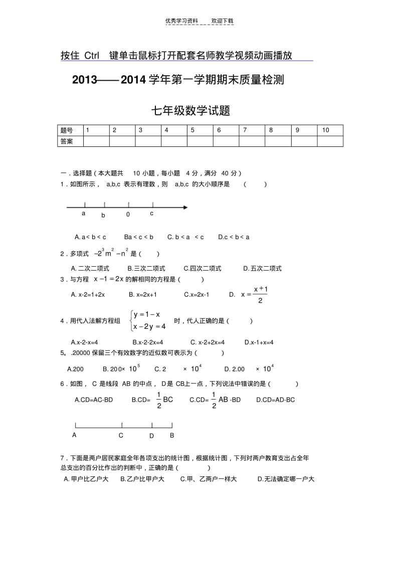 【优质文档】沪科版七年级数学上册精编期末试题试卷.pdf_第1页