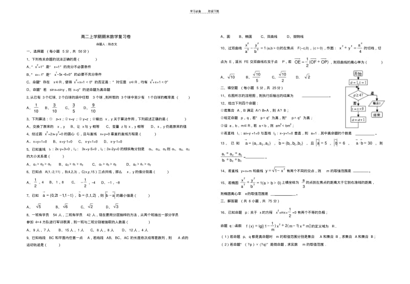 【优质文档】高二上学期数学期末复习卷.pdf_第1页