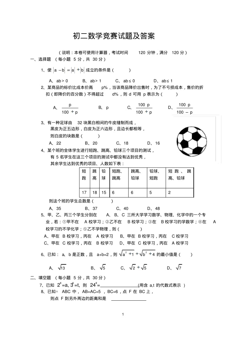 初二数学竞赛试题及答案.pdf_第1页