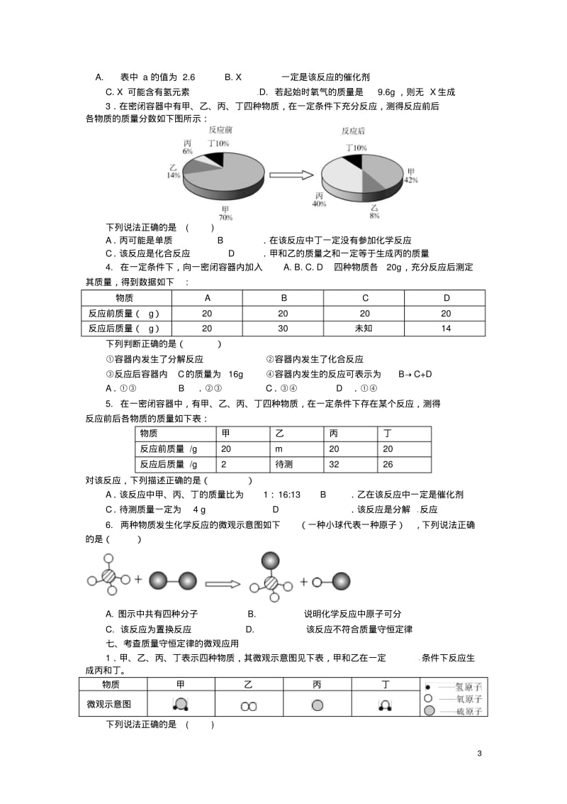 2019中考化学专题复习质量守恒定律(无答案).pdf_第3页