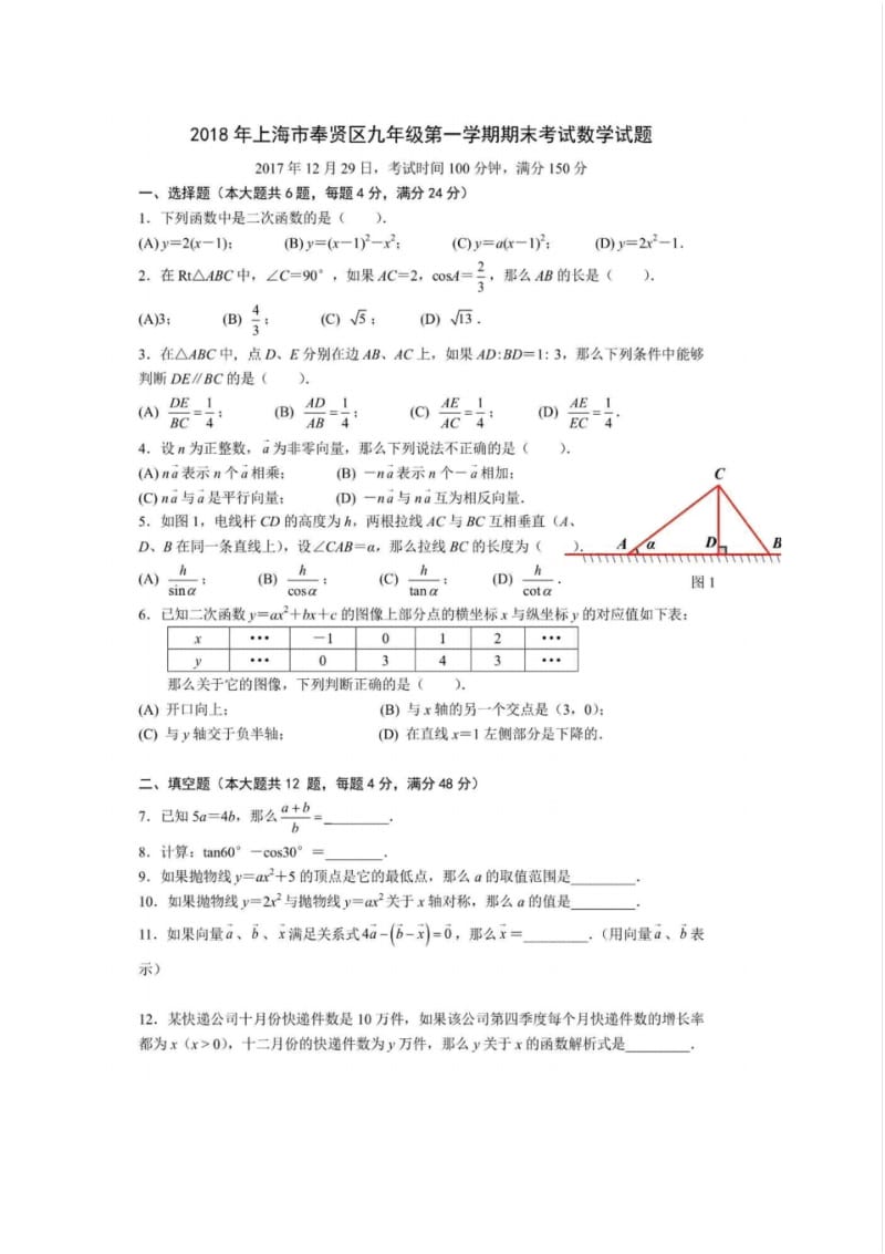 上海市奉贤区九年级上学期期末考试数学试题.pdf_第1页