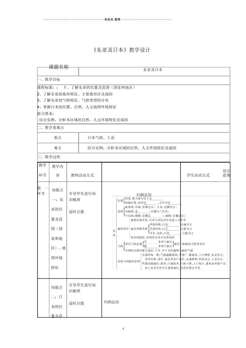 四川省宜宾市一中高二地理《东亚及日本》教学设计.docx_第1页