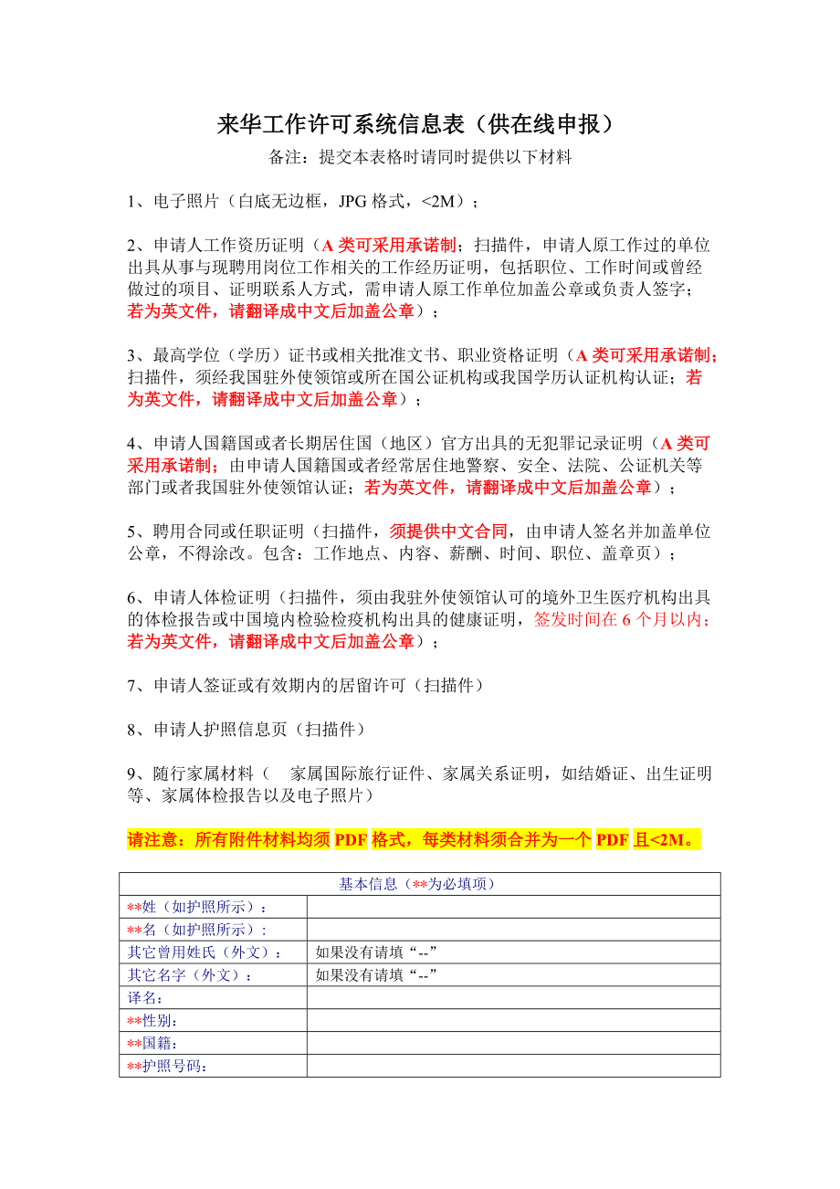 来华工作许可系统信息表（供在线申报）.doc_第1页