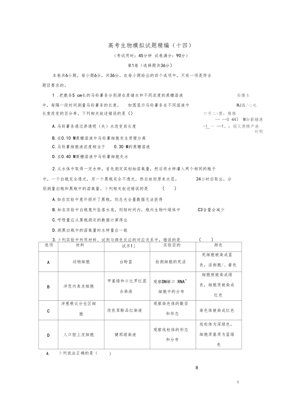 2020年高考生物模拟试题精编(十四).docx_第1页