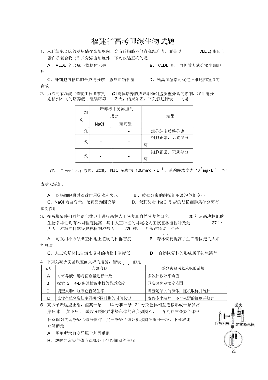 福建省高考理综生物试题含答案.docx_第1页
