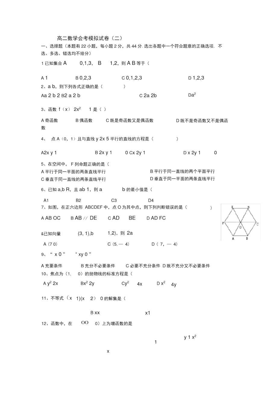 高二数学会考模拟试卷(附答案).docx_第1页