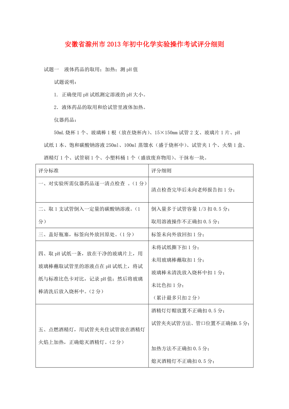 安徽省滁州市2013年初中化学实验操作考试评分细则.doc_第1页