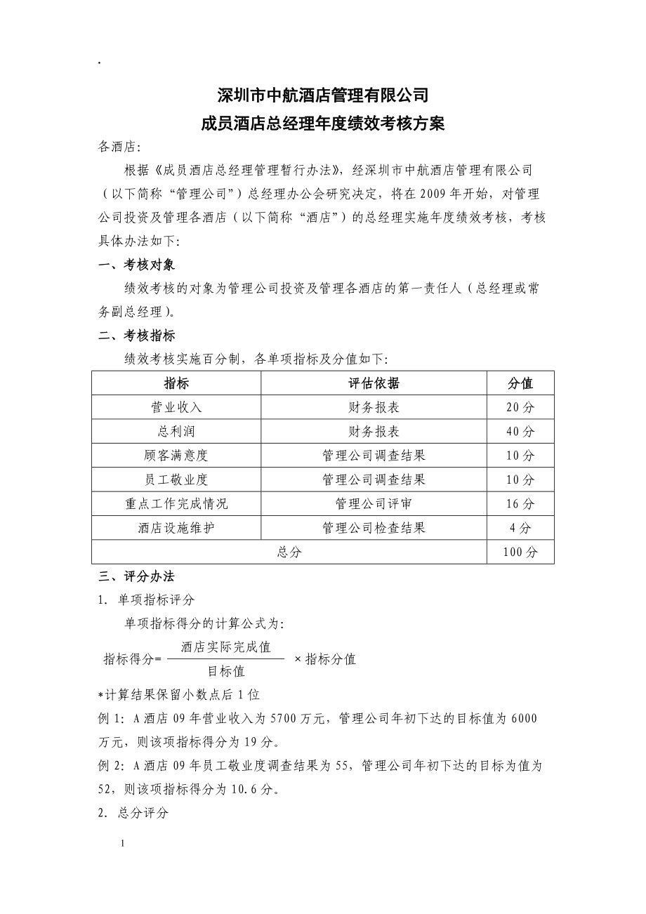 深圳市中航酒店管理有限公司成员酒店总经理年度绩效考核方案.docx_第1页