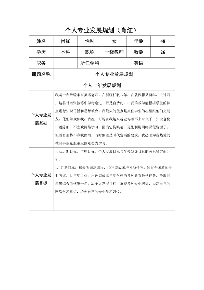 个人专业发展规划(肖红).docx_第1页