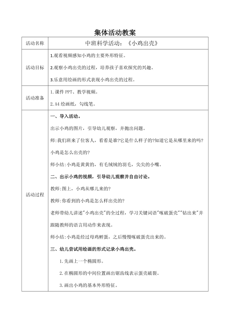 中班科学《小鸡出壳》微教案.doc_第1页