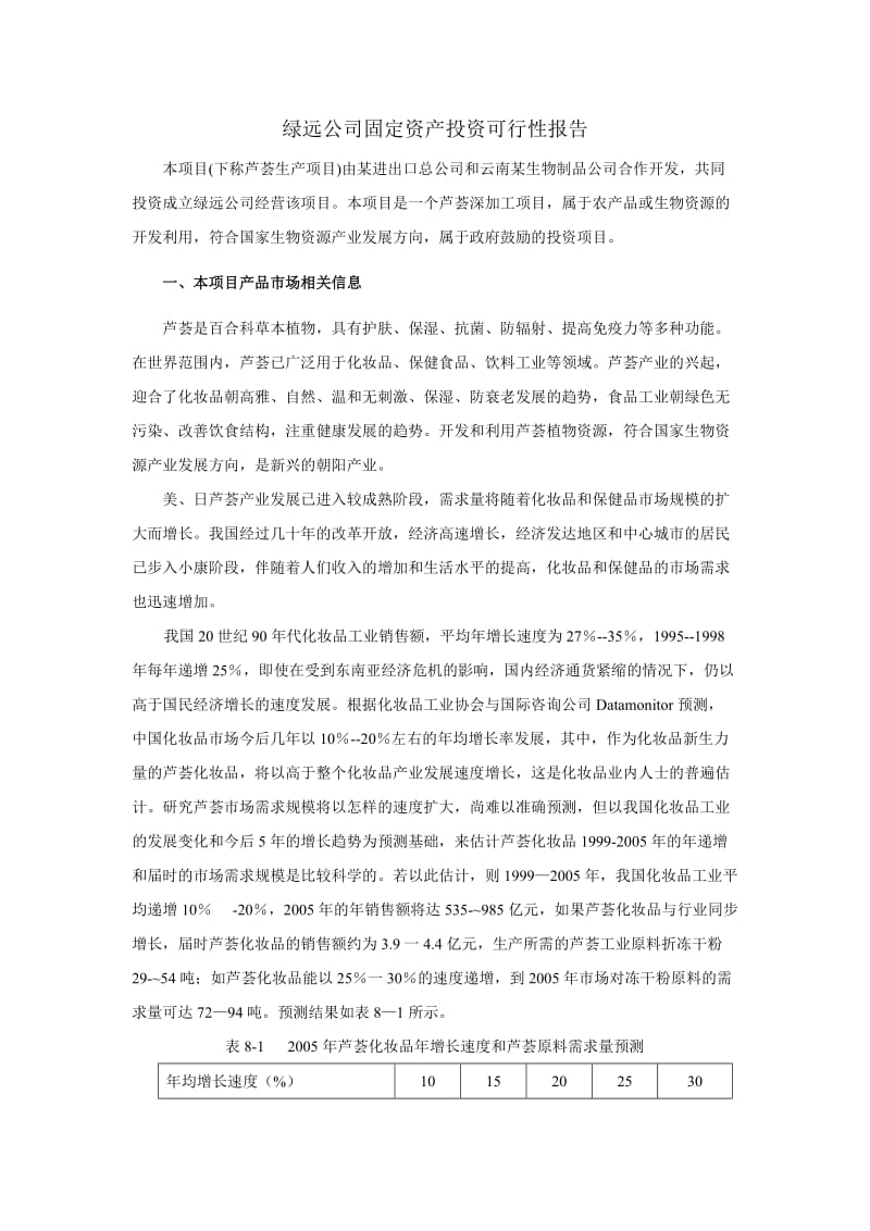 绿远公司固定资产投资芦荟生产项目可行性报告.doc_第1页