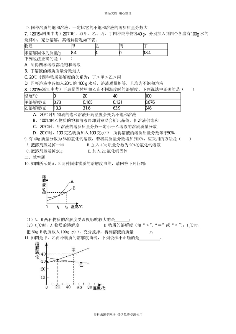 沪教版初三化学下册溶解度和溶质的质量分数(提高) 巩固练习.docx_第2页