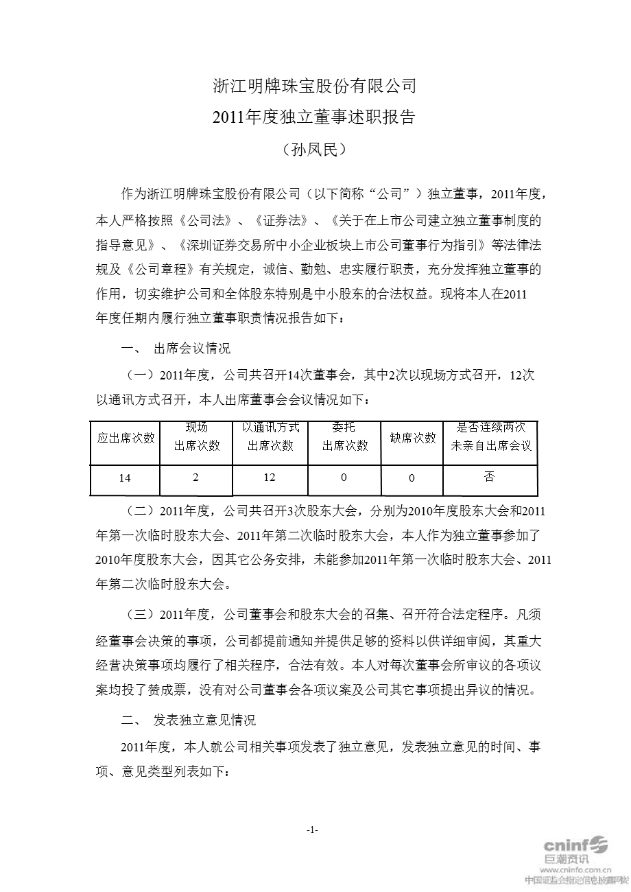 明牌珠宝：独立董事述职报告.ppt_第1页