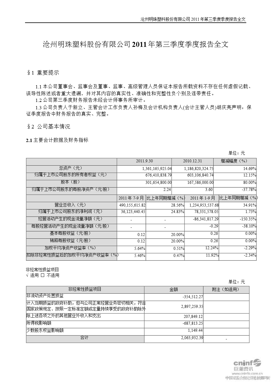沧州明珠：第三季度报告全文.ppt_第1页