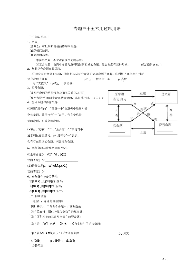 高二数学会考专题辅导专题三十五常用逻辑用语练习(无答案).docx_第1页