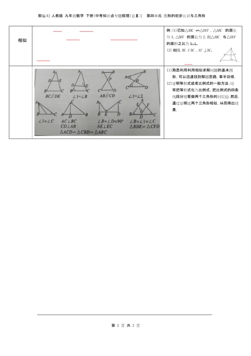 人教版九年级数学下册(中考知识点专题梳理)总复习第四单元 图形的初步认识与三角形第17讲 相似三角形.docx_第2页
