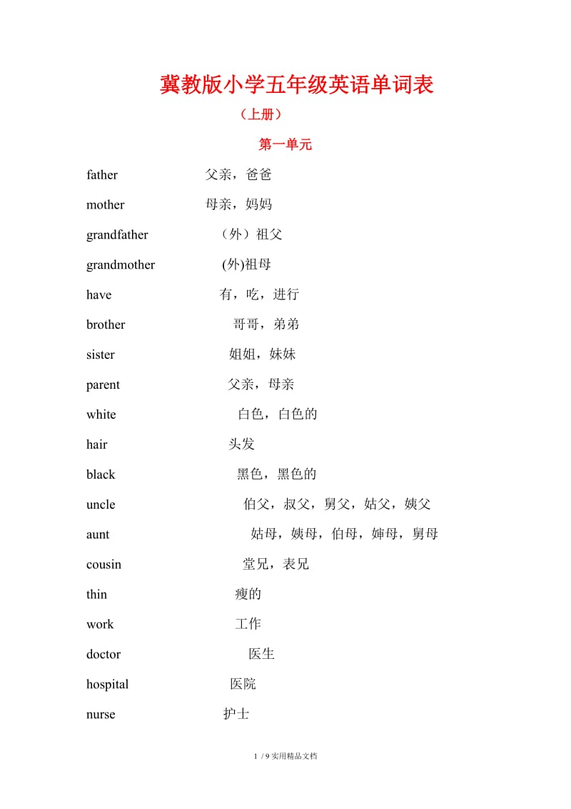 冀教版小学五年级英语单词表（经典实用）.doc_第1页