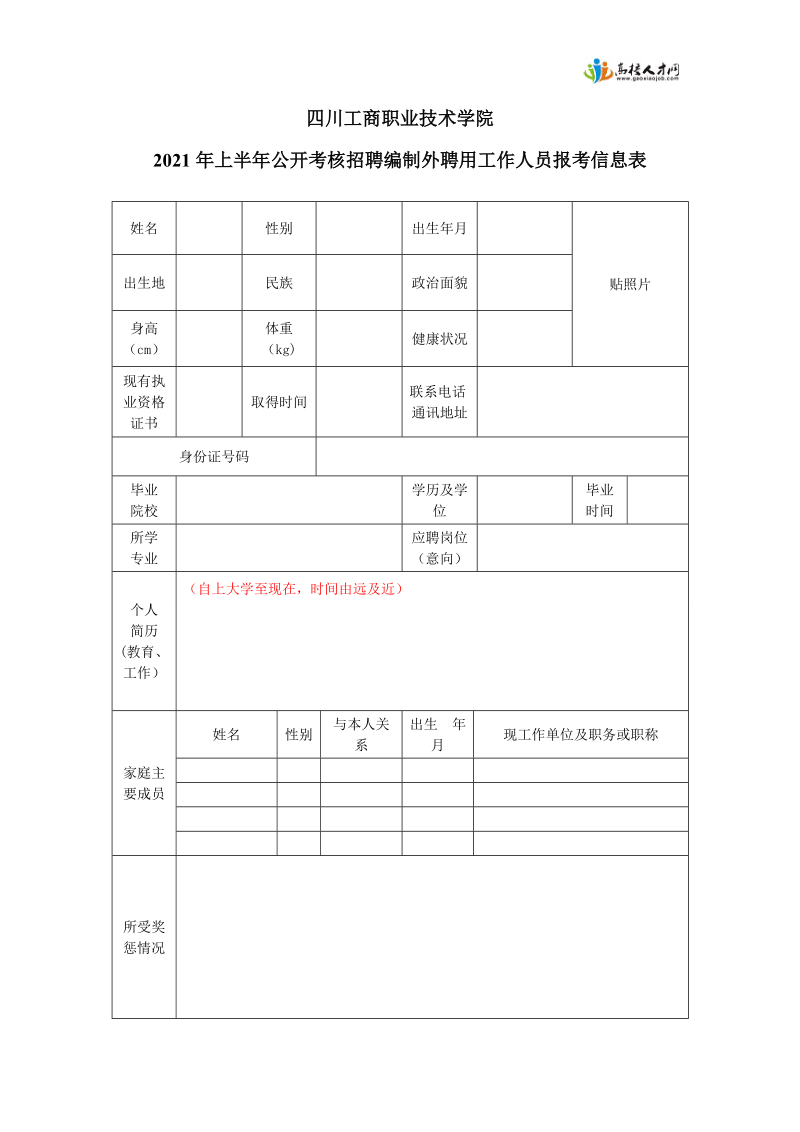 四川工商职业技术学院招聘工作人员登记表.doc_第1页