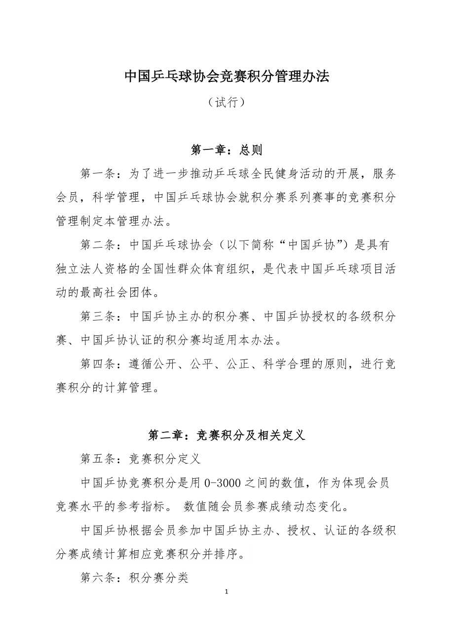 精品资料（2021-2022年收藏）中国乒乓球协会竞赛积分管理办法.doc_第1页