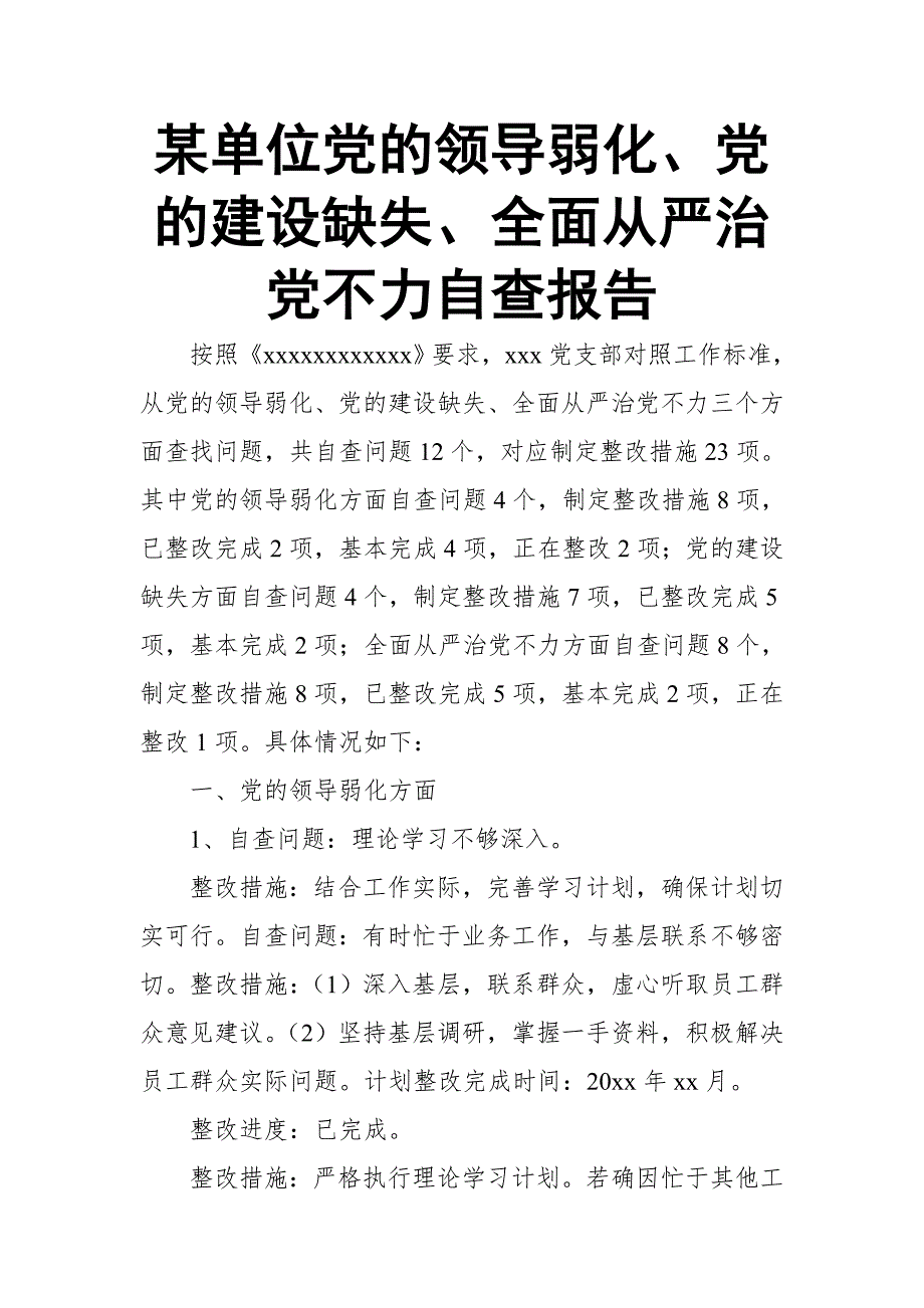 某单位党的领导弱化党的建设缺失全面从严治党不力自查报告.doc_第1页