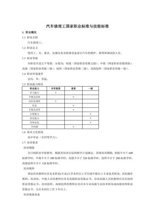 汽车修理工国家职业标准与技能标准.doc
