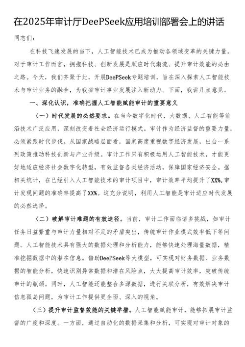 在2025年审计厅DeepSeek应用培训部署会上的讲话.docx