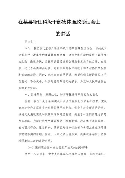 在某县新任科级干部集体廉政谈话会上的讲话.docx