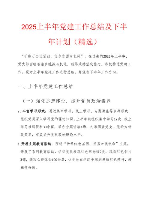 2025上半年党建工作总结及下半年计划.docx