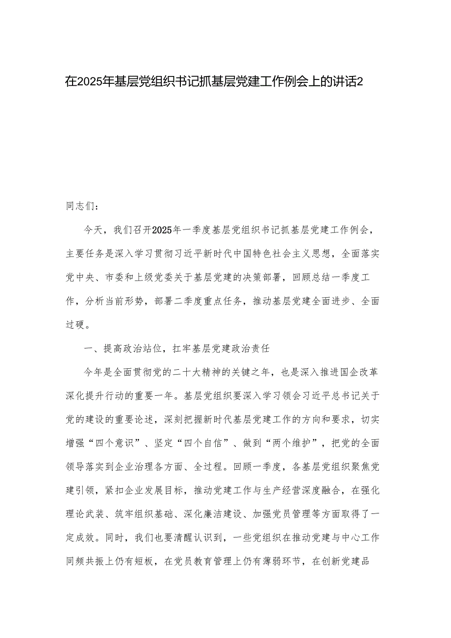 在2025年基层党组织书记抓基层党建工作例会上的讲话2篇.docx_第1页