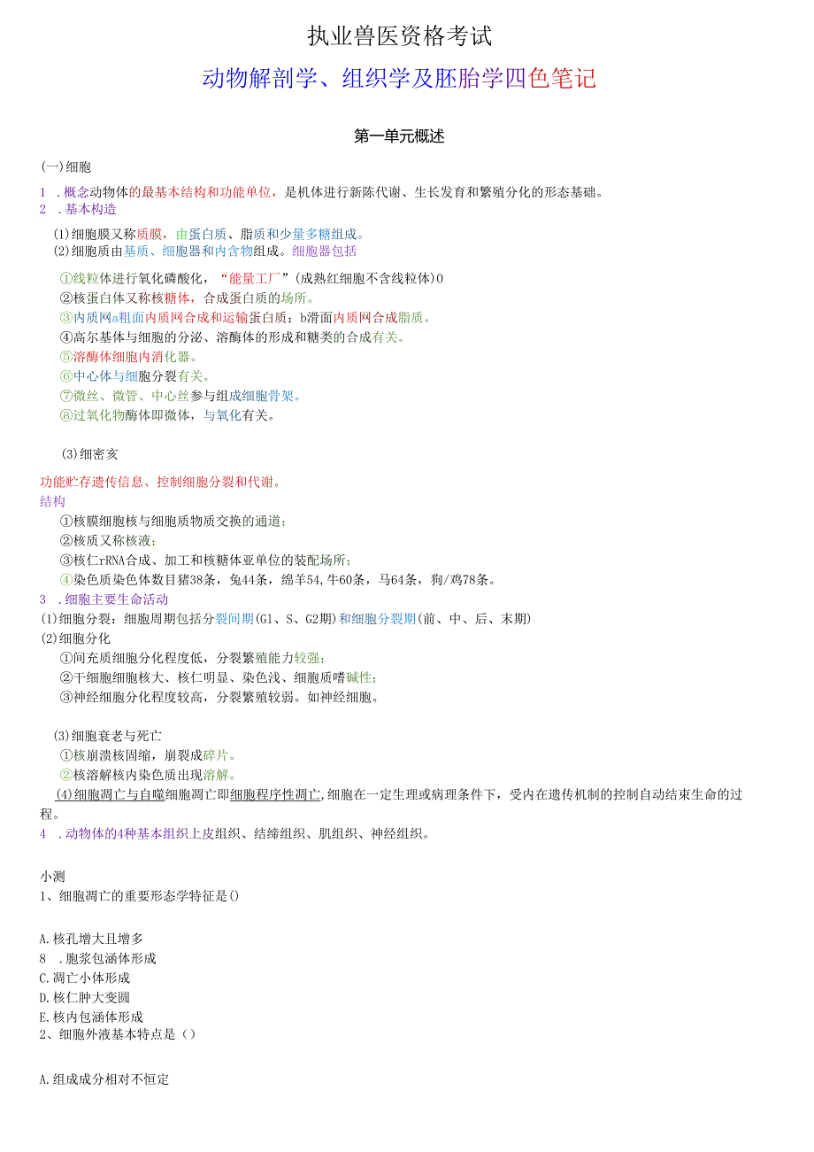 执业兽医资格考试：动物解剖学、组织学及胚胎学四色笔记.docx_第1页