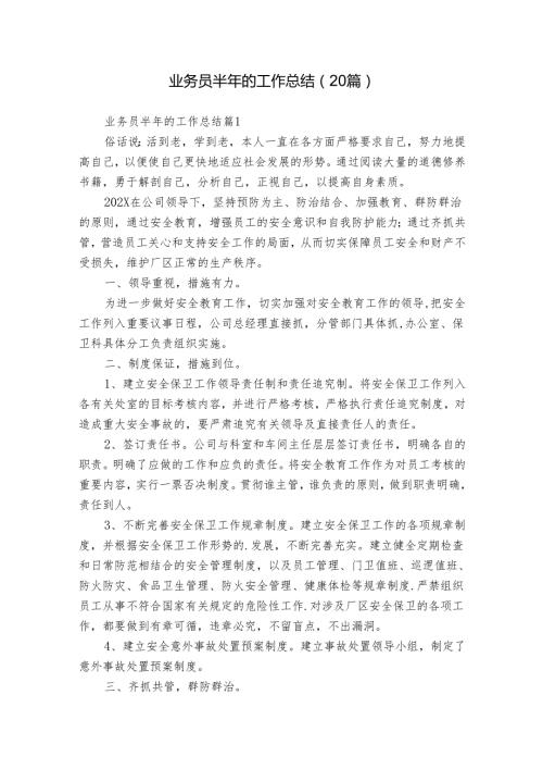 业务员半年的工作总结（20篇）.docx