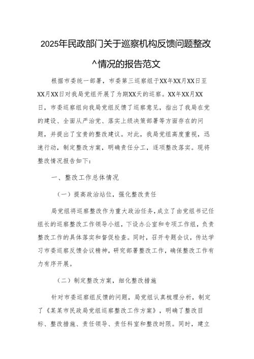 2025年民政部门关于巡察机构反馈问题整改情况的报告范文.docx