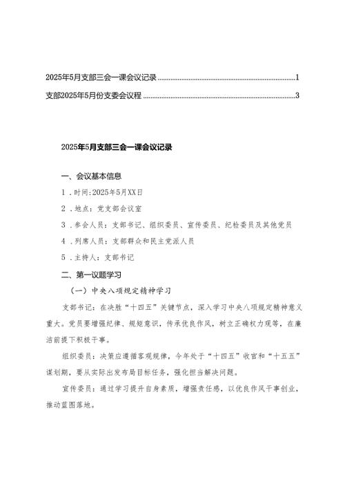 2025年5月支部三会一课会议记录+支部2025年5月份支委会议程.docx
