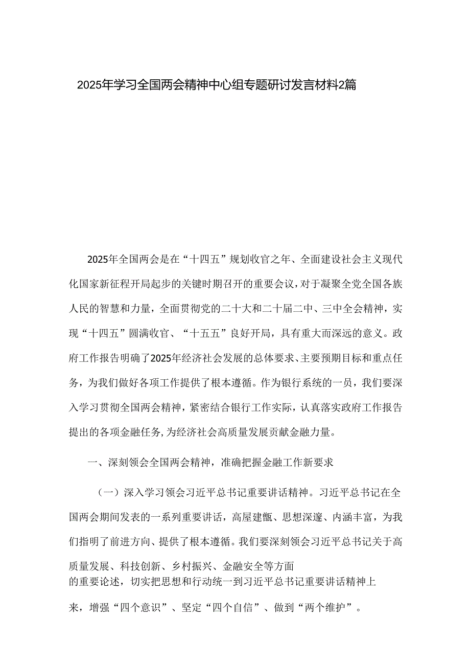 2025年学习全国两会精神中心组专题研讨发言材料2篇.docx_第1页